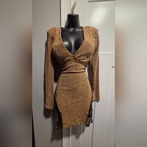 Fashion Nova Gold Long-Sleeve Dress